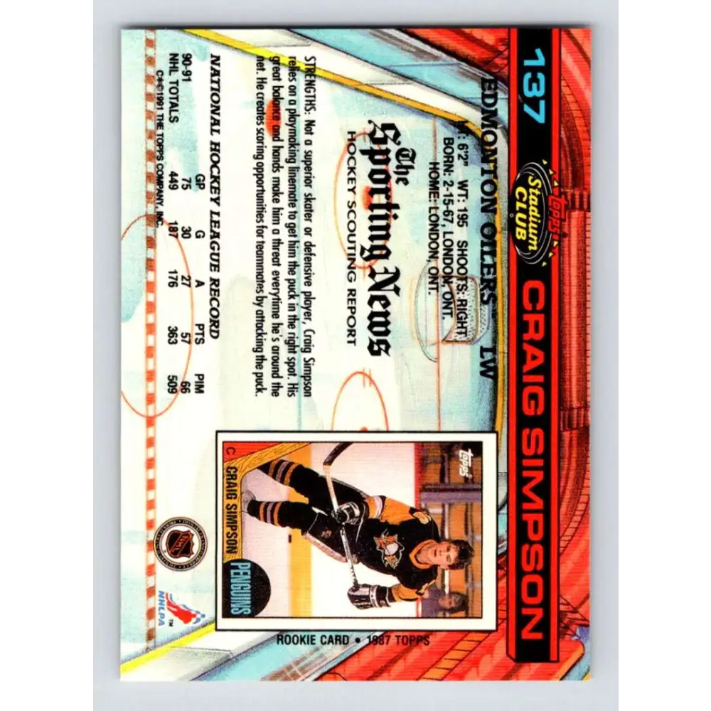 1991-92 Topps Stadium Club #137 Craig Simpson NM-MT Edmonton Oilers Hockey Card Image 2