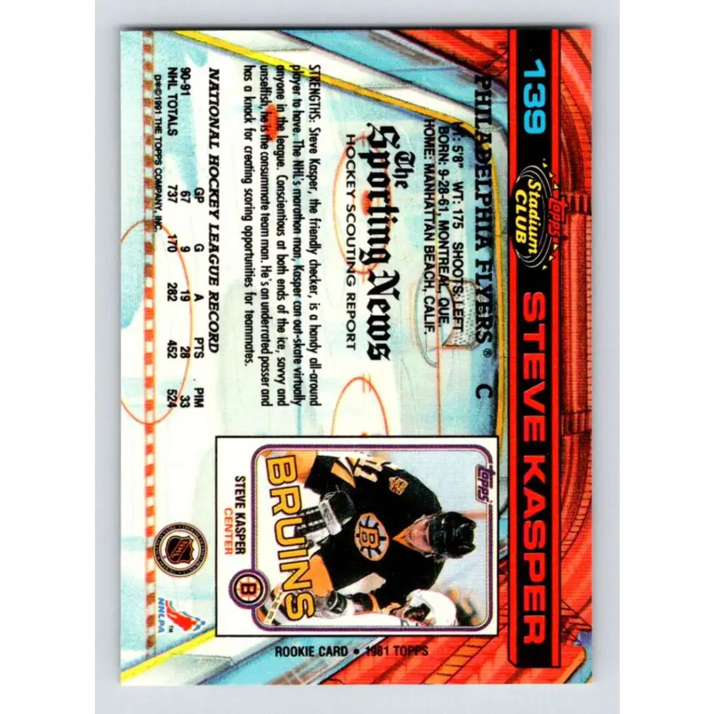 1991-92 Topps Stadium Club #139 Steve Kasper NM-MT Philadelphia Flyers Hockey Card Image 2