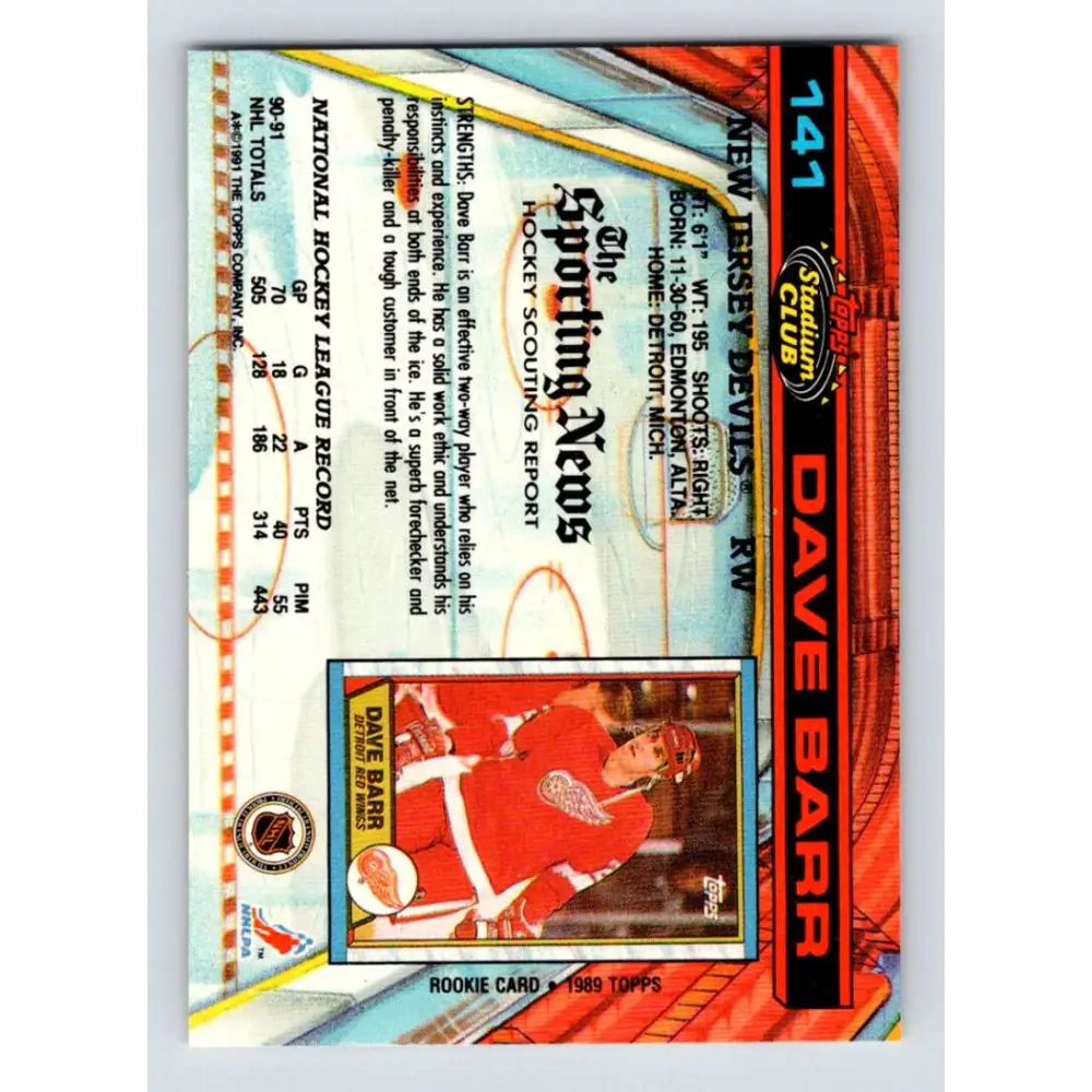 1991-92 Topps Stadium Club #141 Dave Barr NM-MT New Jersey Devils Hockey Card Image 2