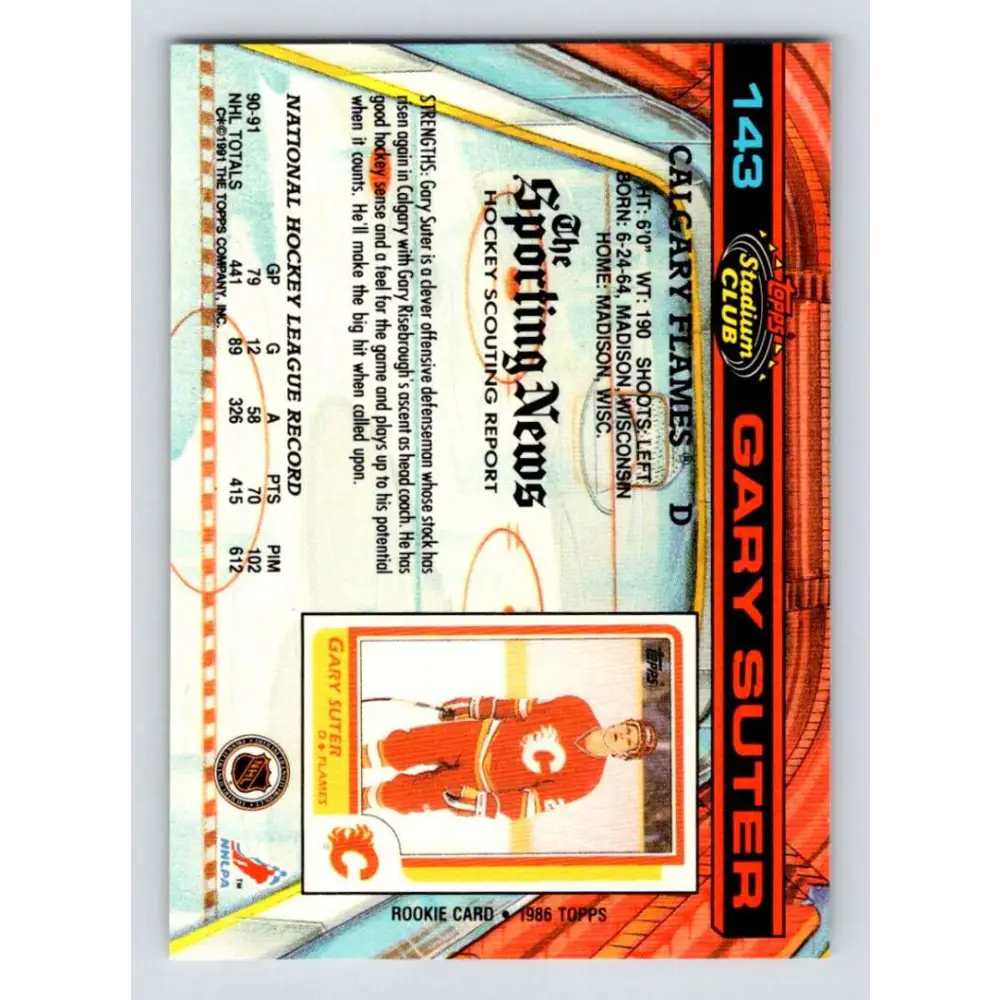 1991-92 Topps Stadium Club #143 Gary Suter NM-MT Calgary Flames Hockey Card Image 2