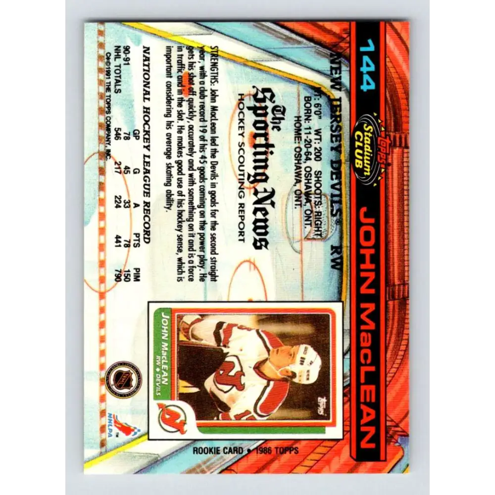 1991-92 Topps Stadium Club #144 John MacLean NM-MT New Jersey Devils Hockey Card Image 2