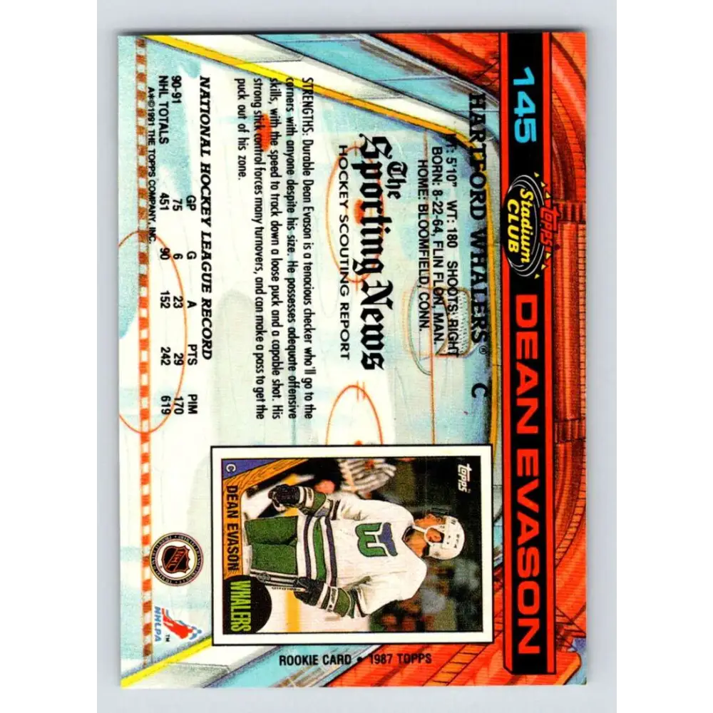 1991-92 Topps Stadium Club #145 Dean Evason NM-MT Hartford Whalers Hockey Card Image 2
