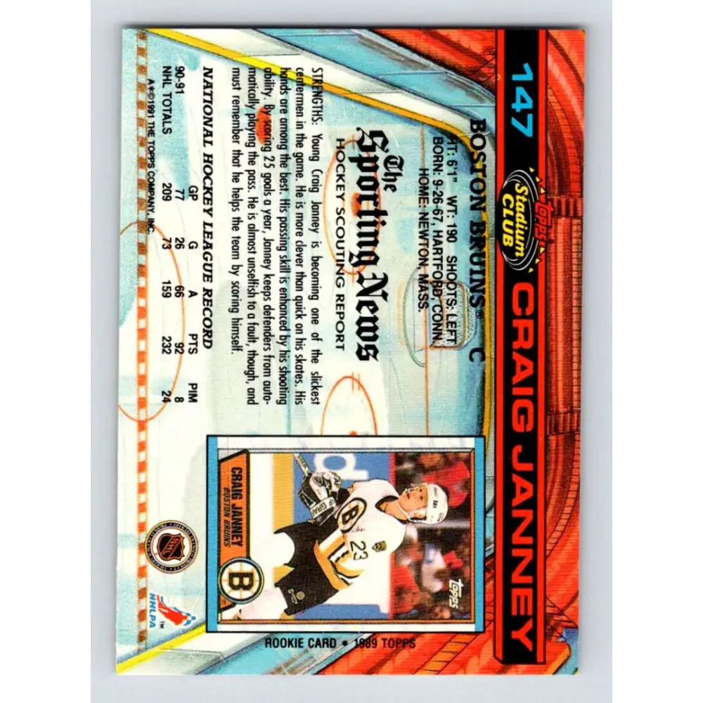 1991-92 Topps Stadium Club #147 Craig Janney NM-MT Boston Bruins Hockey Card Image 2