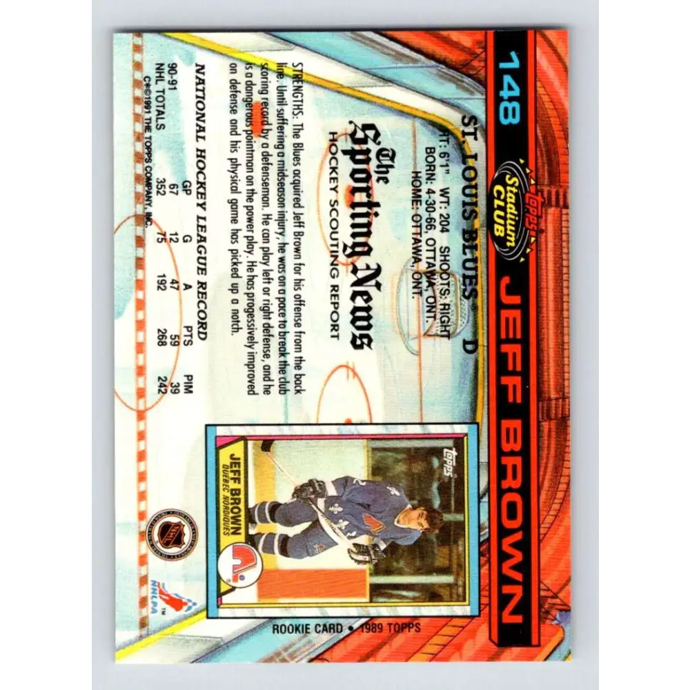 1991-92 Topps Stadium Club #148 Jeff Brown NM-MT St. Louis Blues Hockey Card Image 2