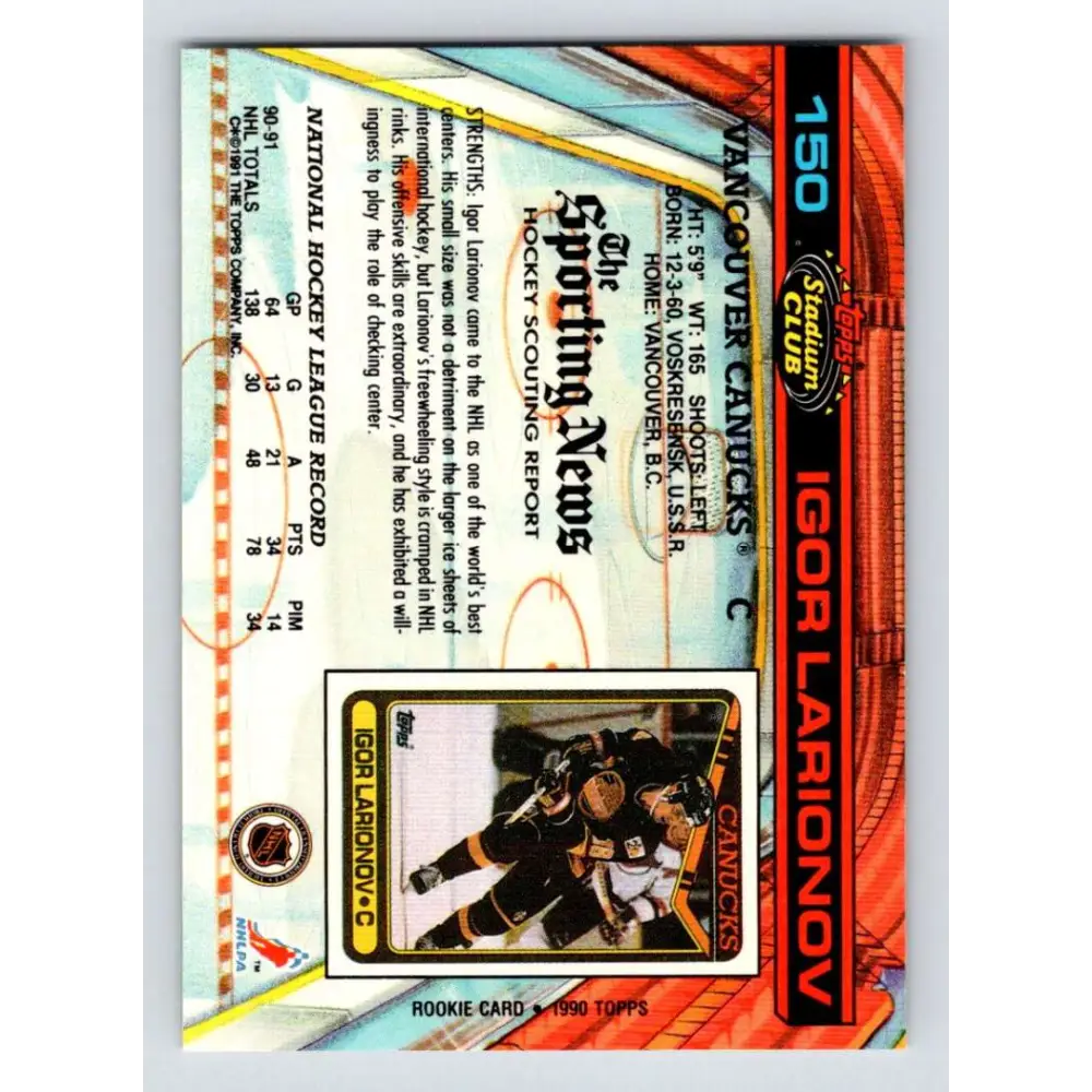 1991-92 Topps Stadium Club #150 Igor Larionov NM-MT Vancouver Canucks Hockey Card Image 2