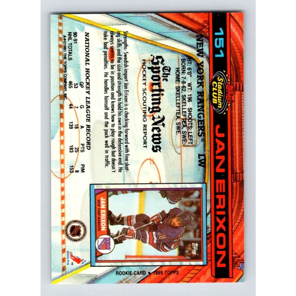 1991-92 Topps Stadium Club #151 Jan Erixon NM-MT New York Rangers Hockey Card Image 2