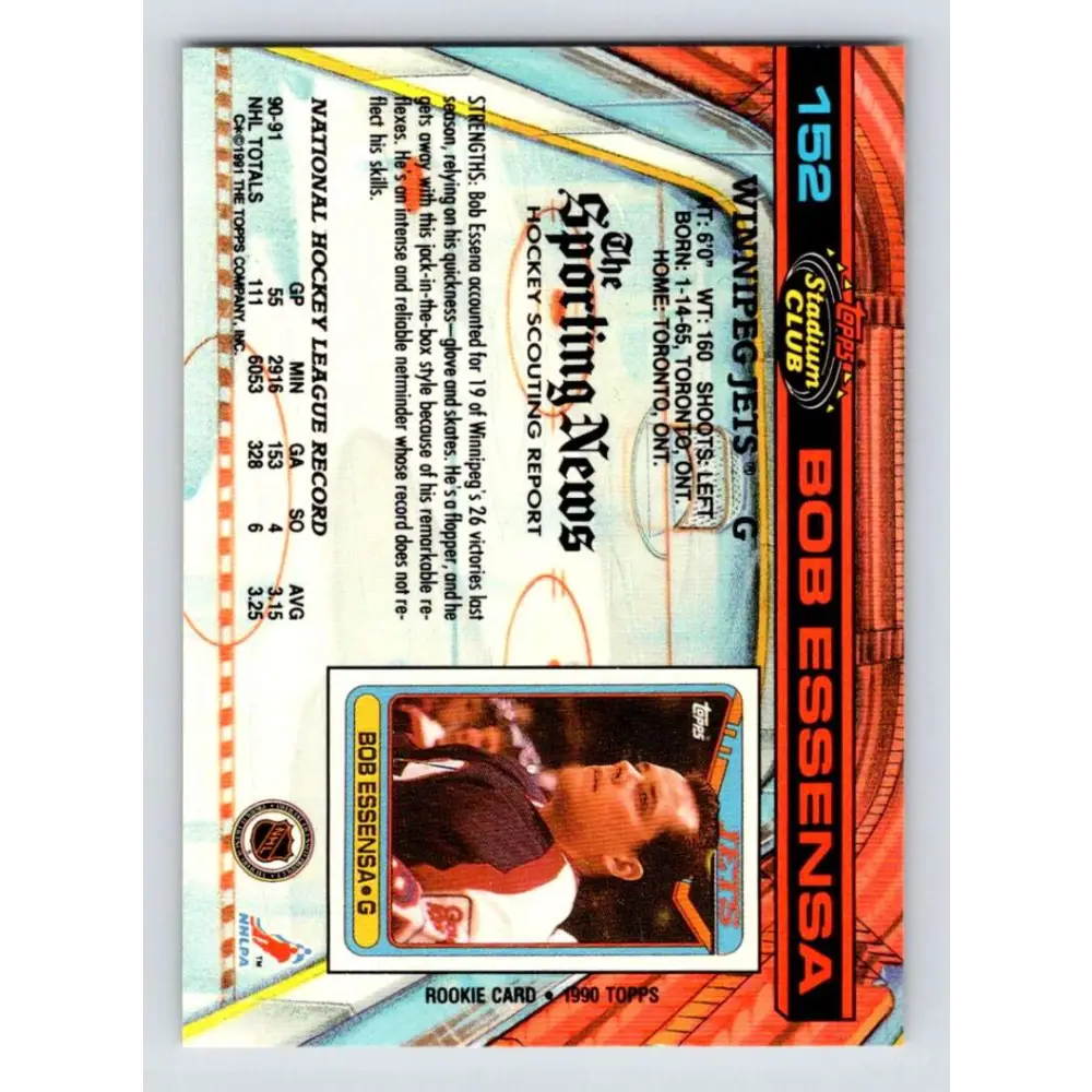 1991-92 Topps Stadium Club #152 Bob Essensa NM-MT Winnipeg Jets Hockey Card Image 2