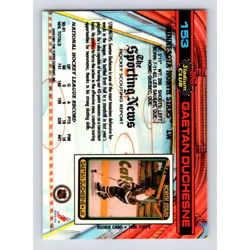 1991-92 Topps Stadium Club #153 Gaetan Duchesne NM-MT Minnesota North Stars Hockey Card Image 2