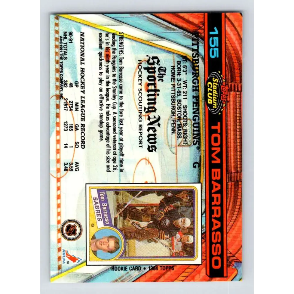 1991-92 Topps Stadium Club #155 Tom Barrasso NM-MT Pittsburgh Penguins Hockey Card Image 2