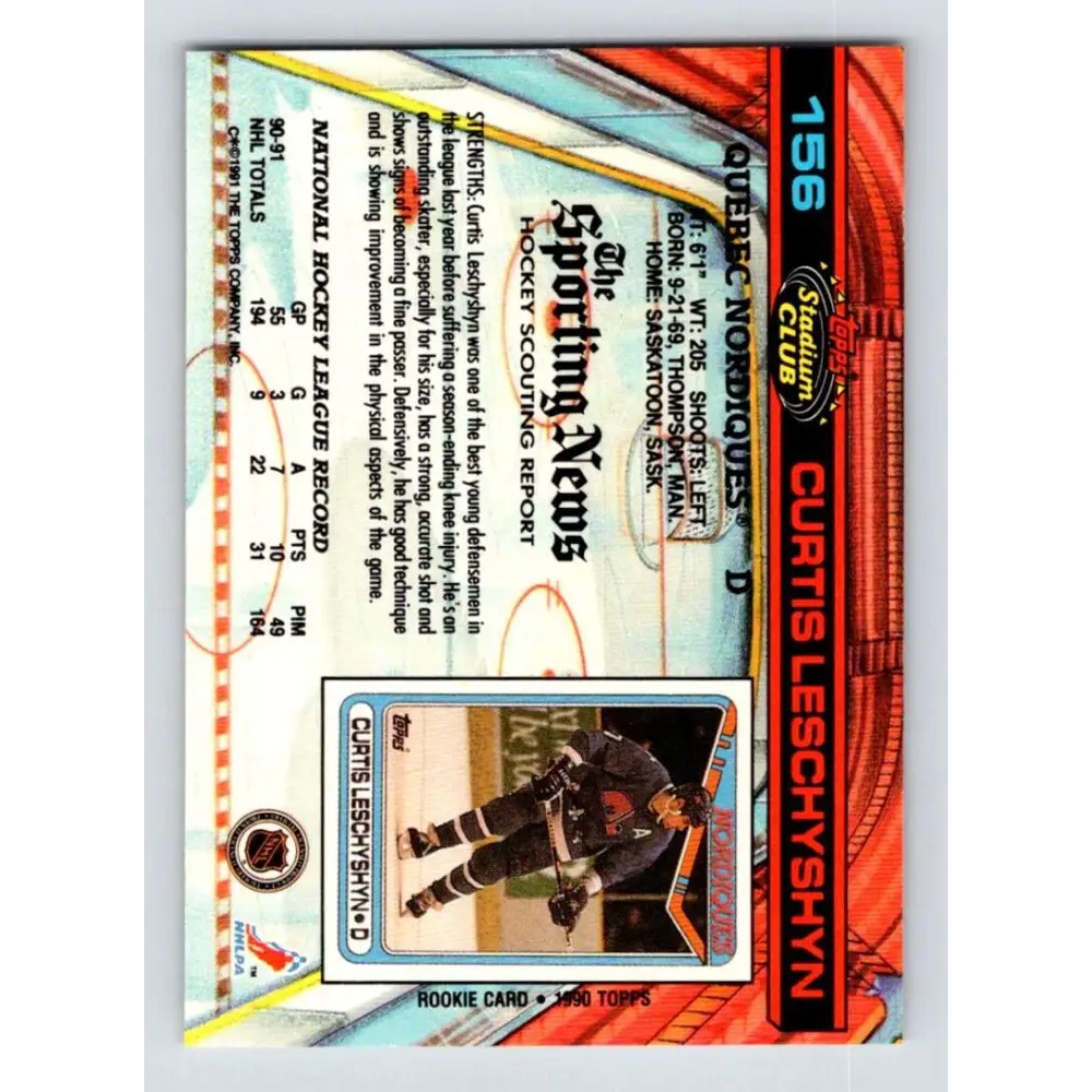 1991-92 Topps Stadium Club #156 Curtis Leschyshyn NM-MT Quebec Nordiques Hockey Card Image 2