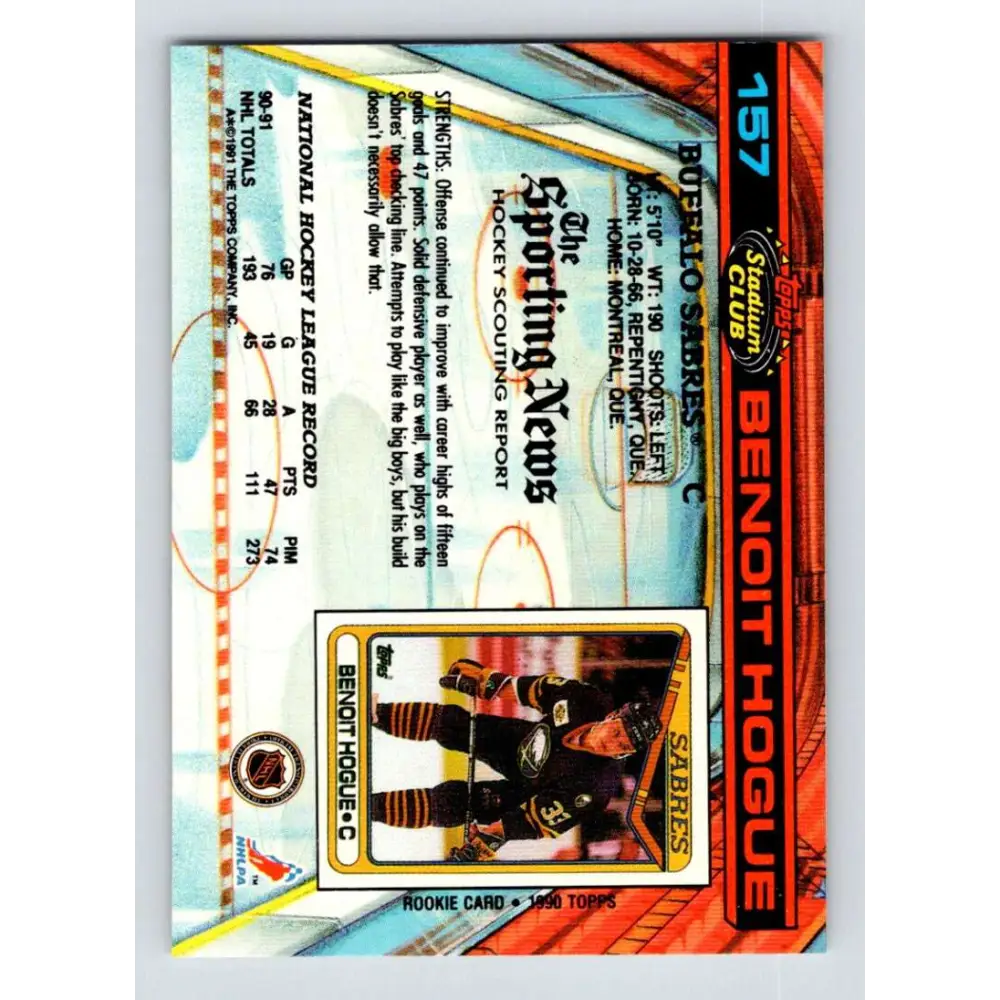 1991-92 Topps Stadium Club #157 Benoit Hogue NM-MT Buffalo Sabres Hockey Card Image 2