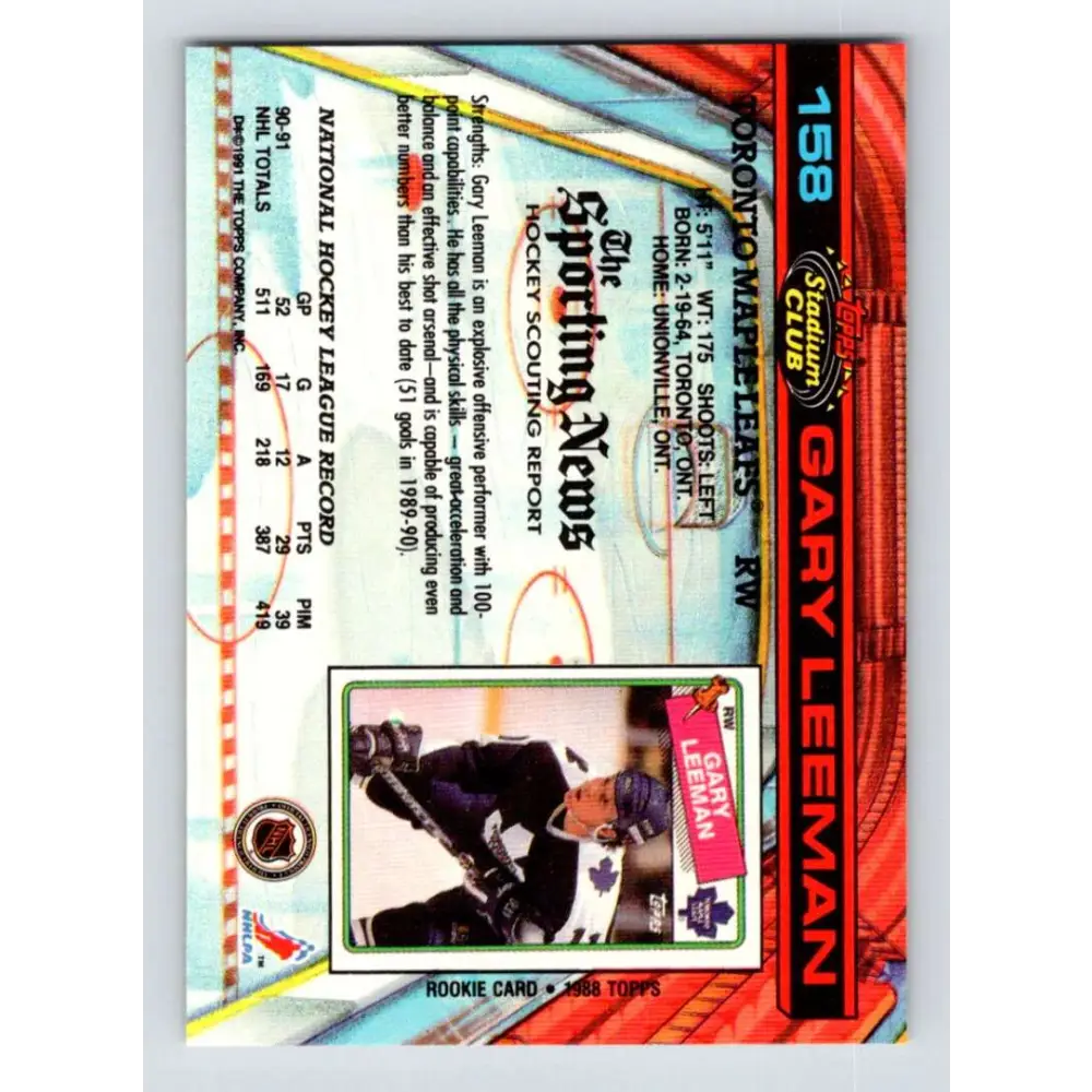 1991-92 Topps Stadium Club #158 Gary Leeman NM-MT Toronto Maple Leafs Hockey Card Image 2