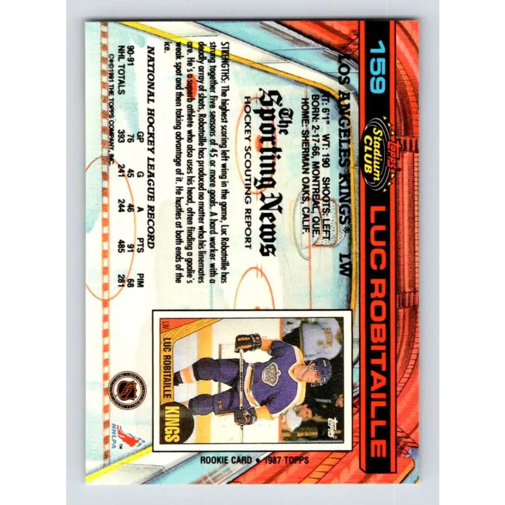 1991-92 Topps Stadium Club #159 Luc Robitaille NM-MT Los Angeles Kings Hockey Card Image 2
