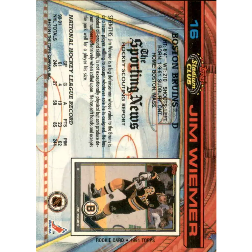 1991-92 Topps Stadium Club #16 Jim Wiemer NM-MT Boston Bruins Hockey Card Image 2