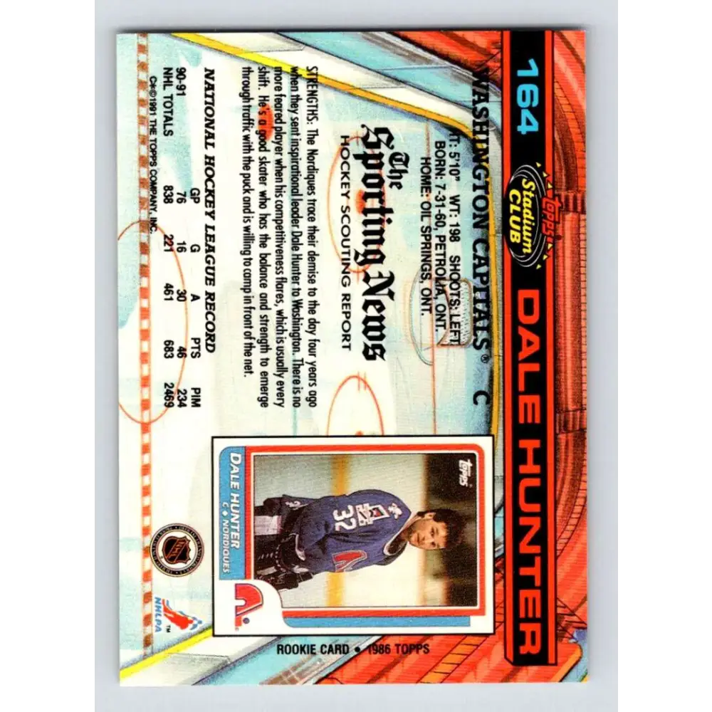 1991-92 Topps Stadium Club #164 Dale Hunter NM-MT Washington Capitals Hockey Card Image 2