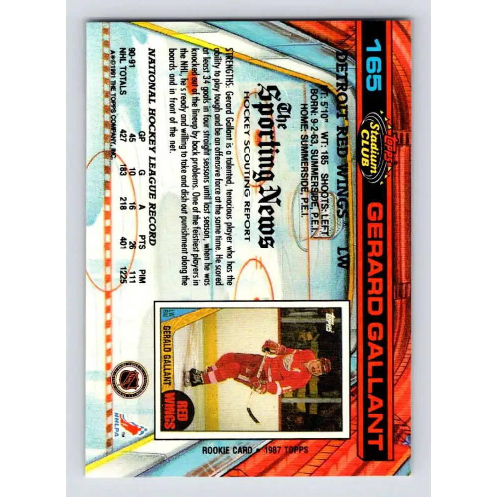 1991-92 Topps Stadium Club #165 Gerard Gallant NM-MT Detroit Red Wings Hockey Card Image 2