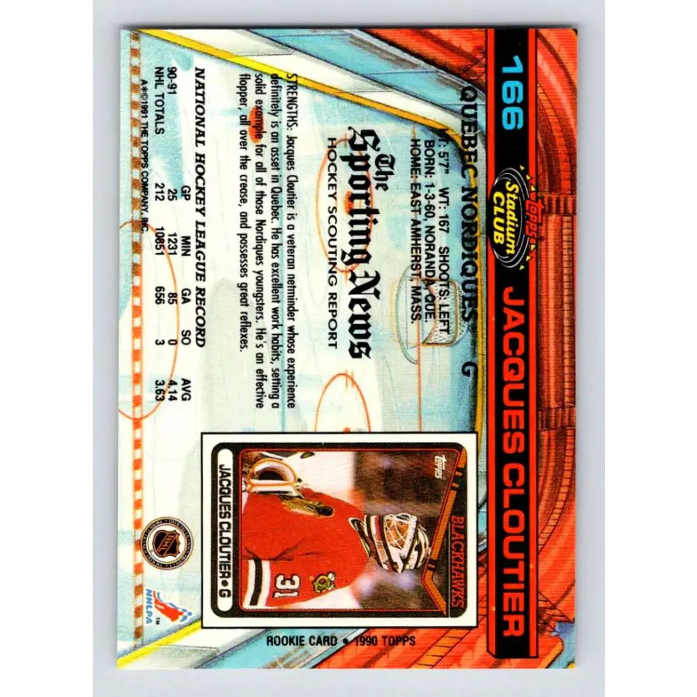 1991-92 Topps Stadium Club #166 Jacques Cloutier NM-MT Quebec Nordiques Hockey Card Image 2