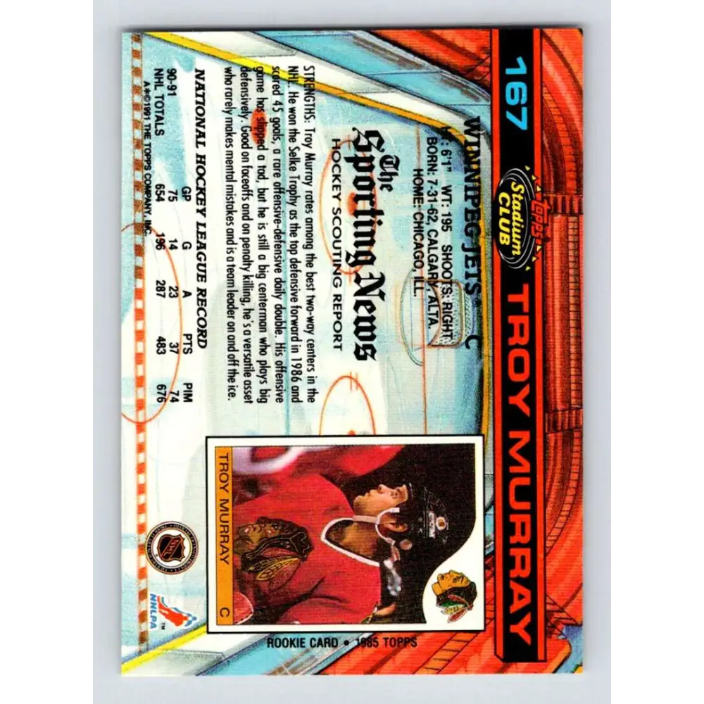 1991-92 Topps Stadium Club #167 Troy Murray NM-MT Winnipeg Jets Hockey Card Image 2