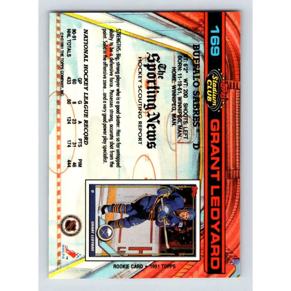 1991-92 Topps Stadium Club #169 Grant Ledyard NM-MT Buffalo Sabres Hockey Card Image 2