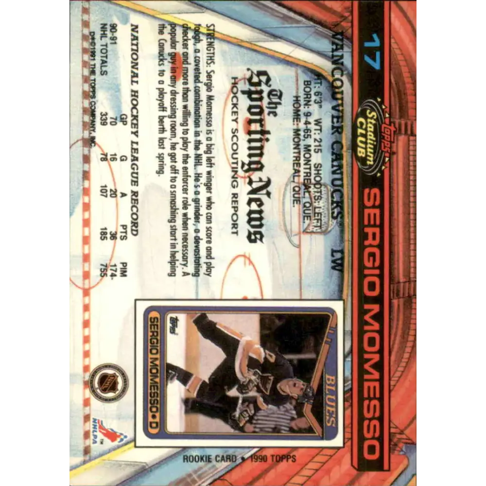 1991-92 Topps Stadium Club #17 Sergio Momesso NM-MT Vancouver Canucks Hockey Card Image 2