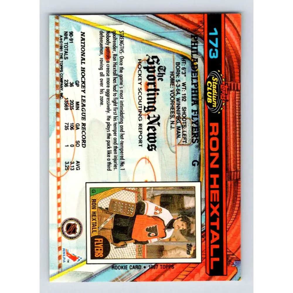 1991-92 Topps Stadium Club #173 Ron Hextall NM-MT Philadelphia Flyers Hockey Card Image 2