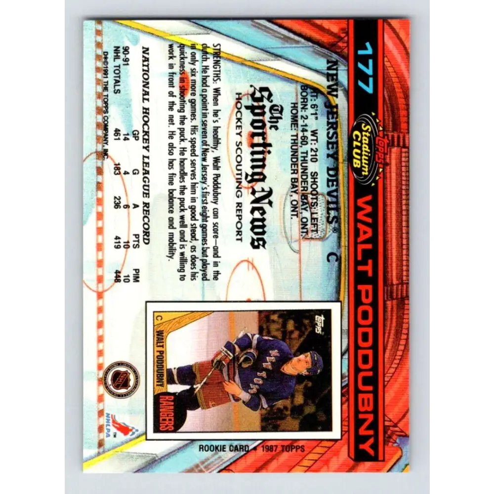 1991-92 Topps Stadium Club #177 Walt Poddubny NM-MT New Jersey Devils Hockey Card Image 2