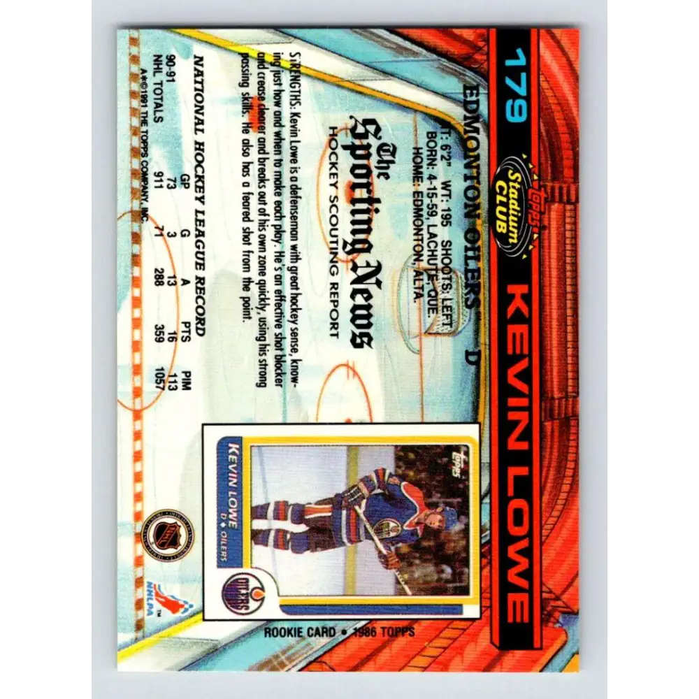 1991-92 Topps Stadium Club #179 Kevin Lowe NM-MT Edmonton Oilers Hockey Card Image 2