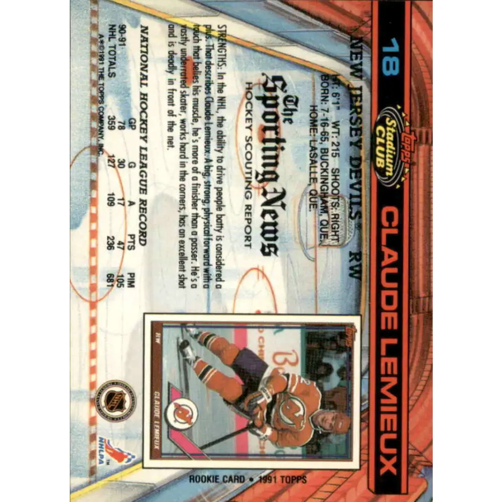 1991-92 Topps Stadium Club #18 Claude Lemieux NM-MT New Jersey Devils Hockey Card Image 2