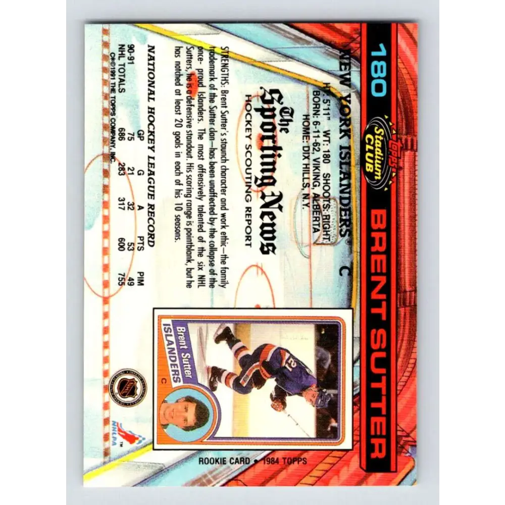 1991-92 Topps Stadium Club #180 Brent Sutter NM-MT New York Islanders Hockey Card Image 2