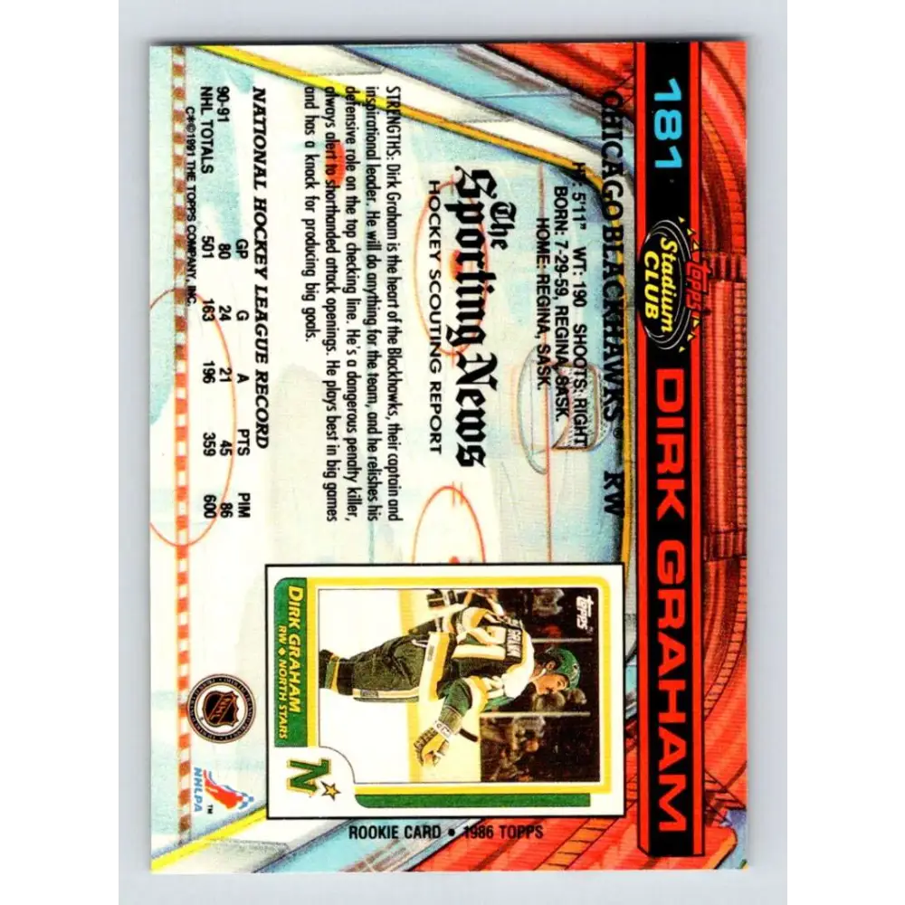 1991-92 Topps Stadium Club #181 Dirk Graham NM-MT Chicago Blackhawks Hockey Card Image 2