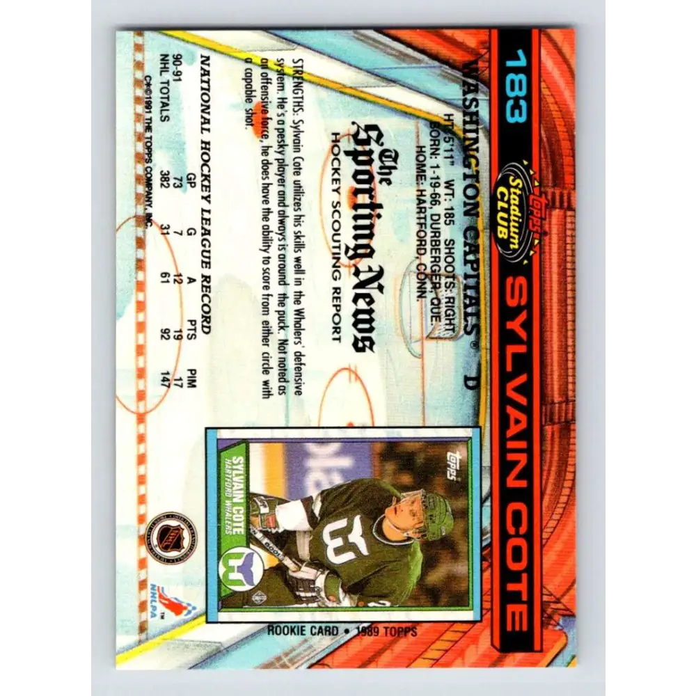 1991-92 Topps Stadium Club #183 Sylvain Cote NM-MT Washington Capitals Hockey Card Image 2