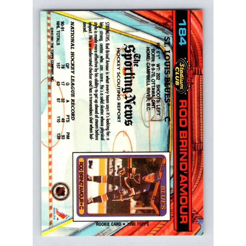 1991-92 Topps Stadium Club #184 Rod Brind'Amour NM-MT St. Louis Blues Hockey Card Image 2