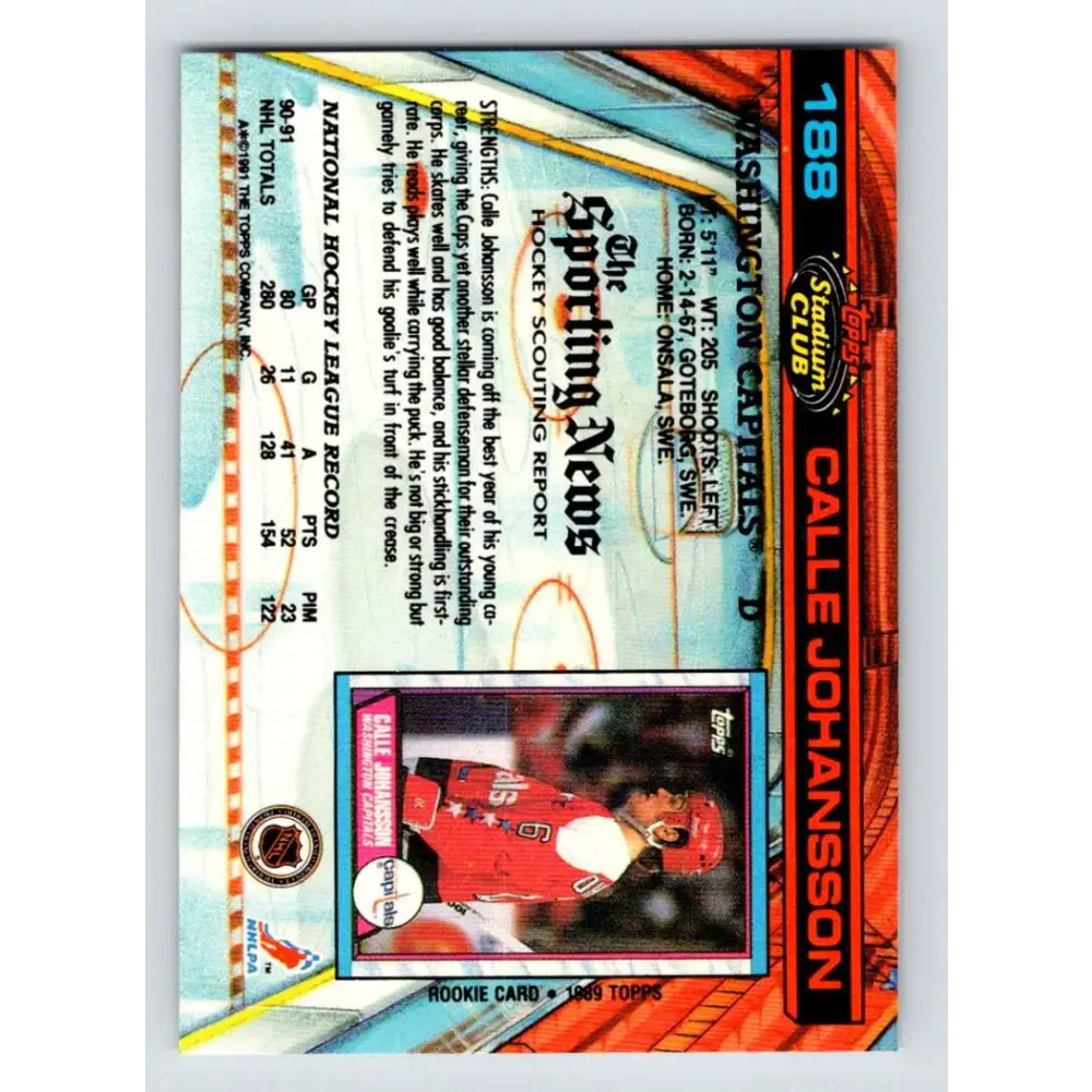 1991-92 Topps Stadium Club #188 Calle Johansson NM-MT Washington Capitals Hockey Card Image 2