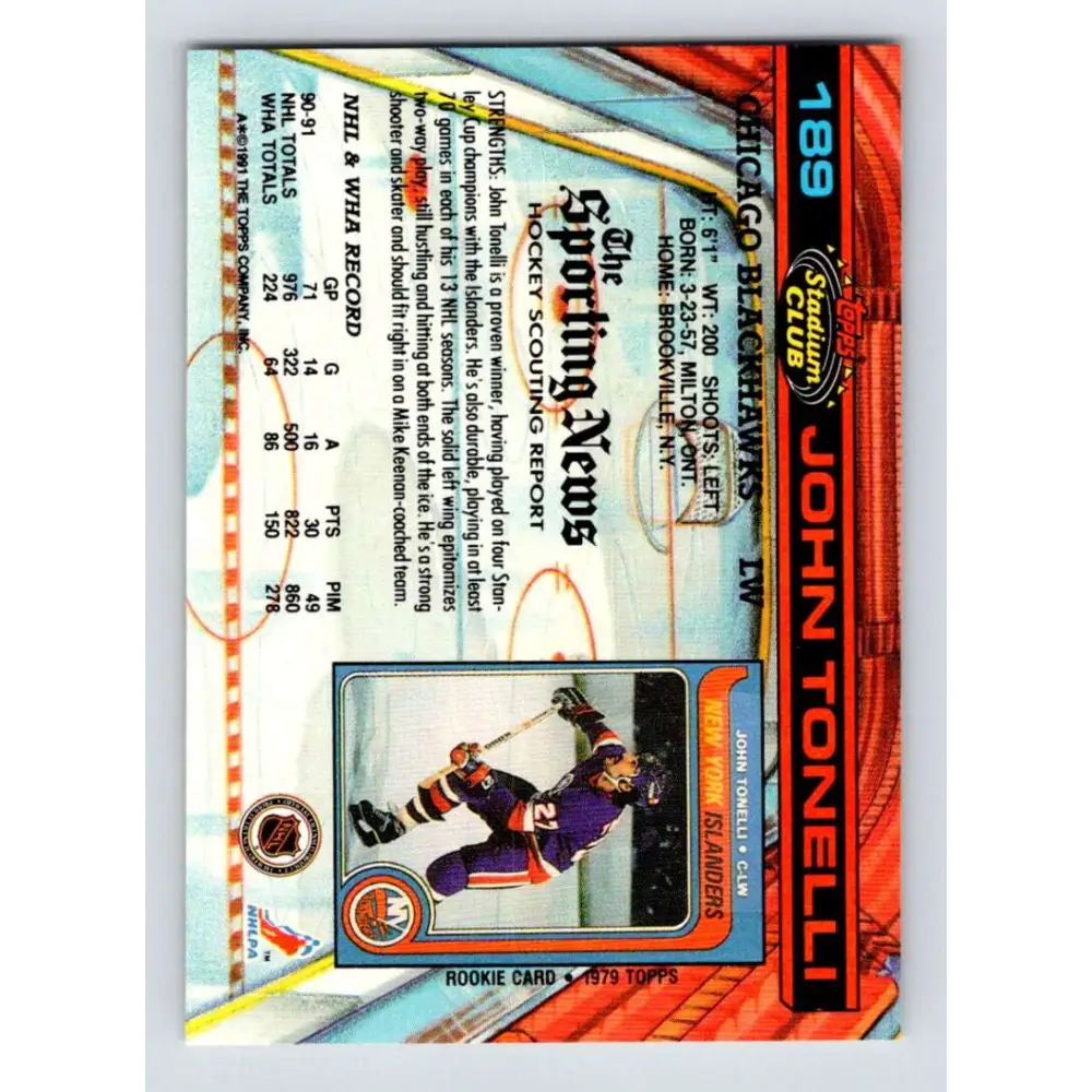 1991-92 Topps Stadium Club #189 John Tonelli NM-MT Chicago Blackhawks Hockey Card Image 2