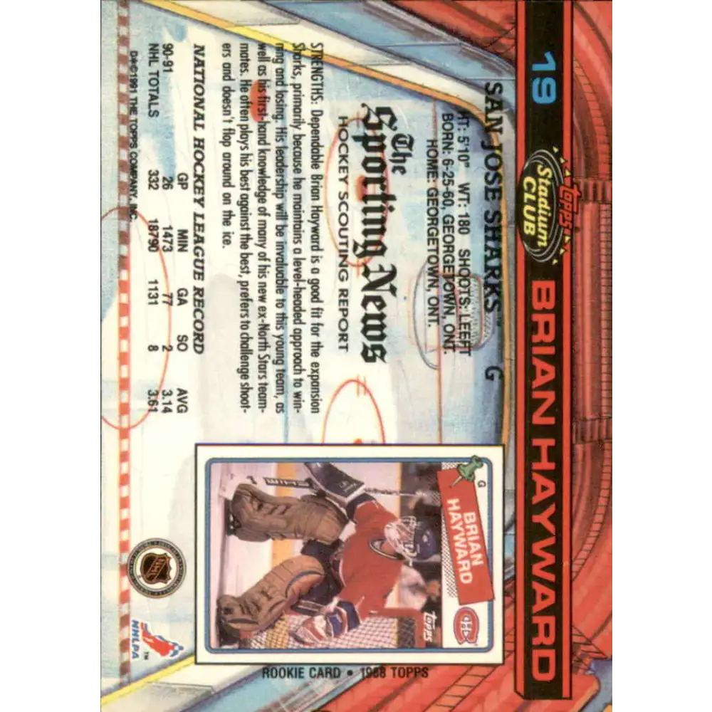 1991-92 Topps Stadium Club #19 Brian Hayward NM-MT San Jose Sharks Hockey Card Image 2