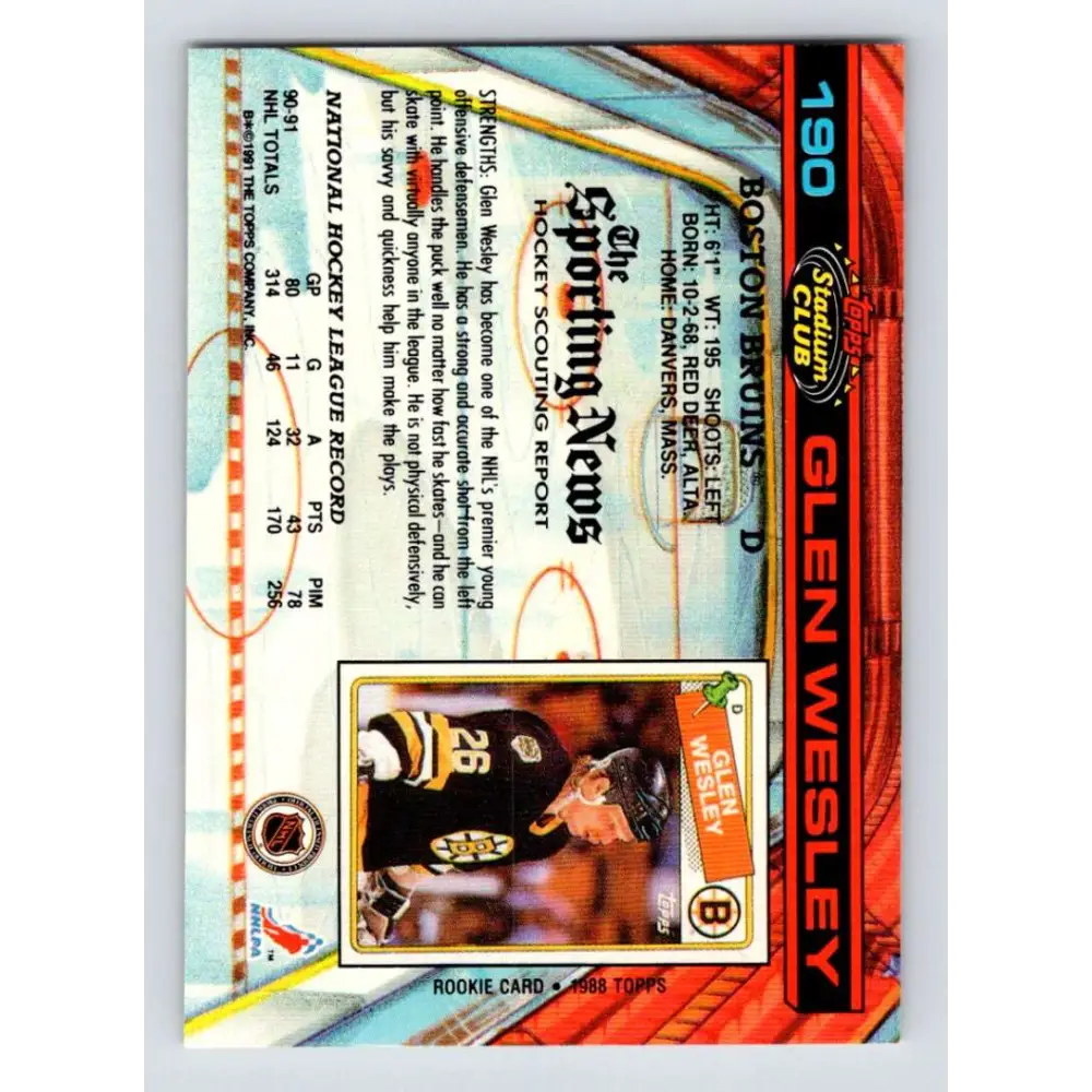 1991-92 Topps Stadium Club #190 Glen Wesley NM-MT Boston Bruins Hockey Card Image 2