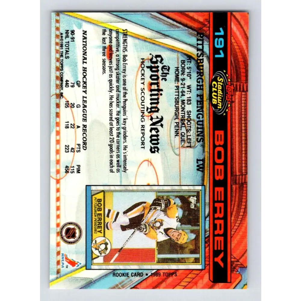 1991-92 Topps Stadium Club #191 Bob Errey NM-MT Pittsburgh Penguins Hockey Card Image 2