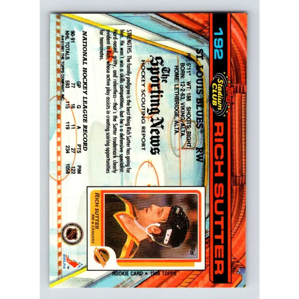 1991-92 Topps Stadium Club #192 Rich Sutter NM-MT St. Louis Blues Hockey Card Image 2