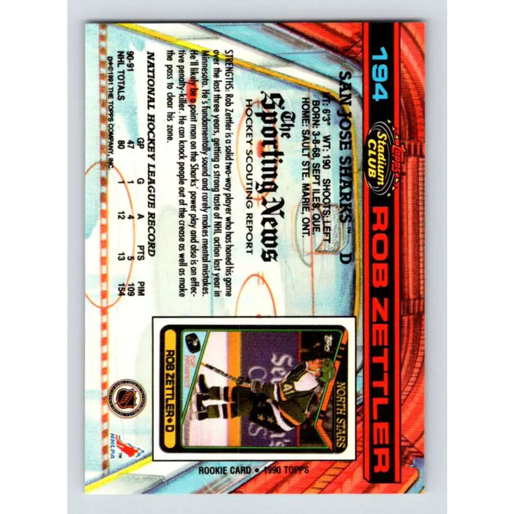 1991-92 Topps Stadium Club #194 Rob Zettler NM-MT San Jose Sharks Hockey Card Image 2