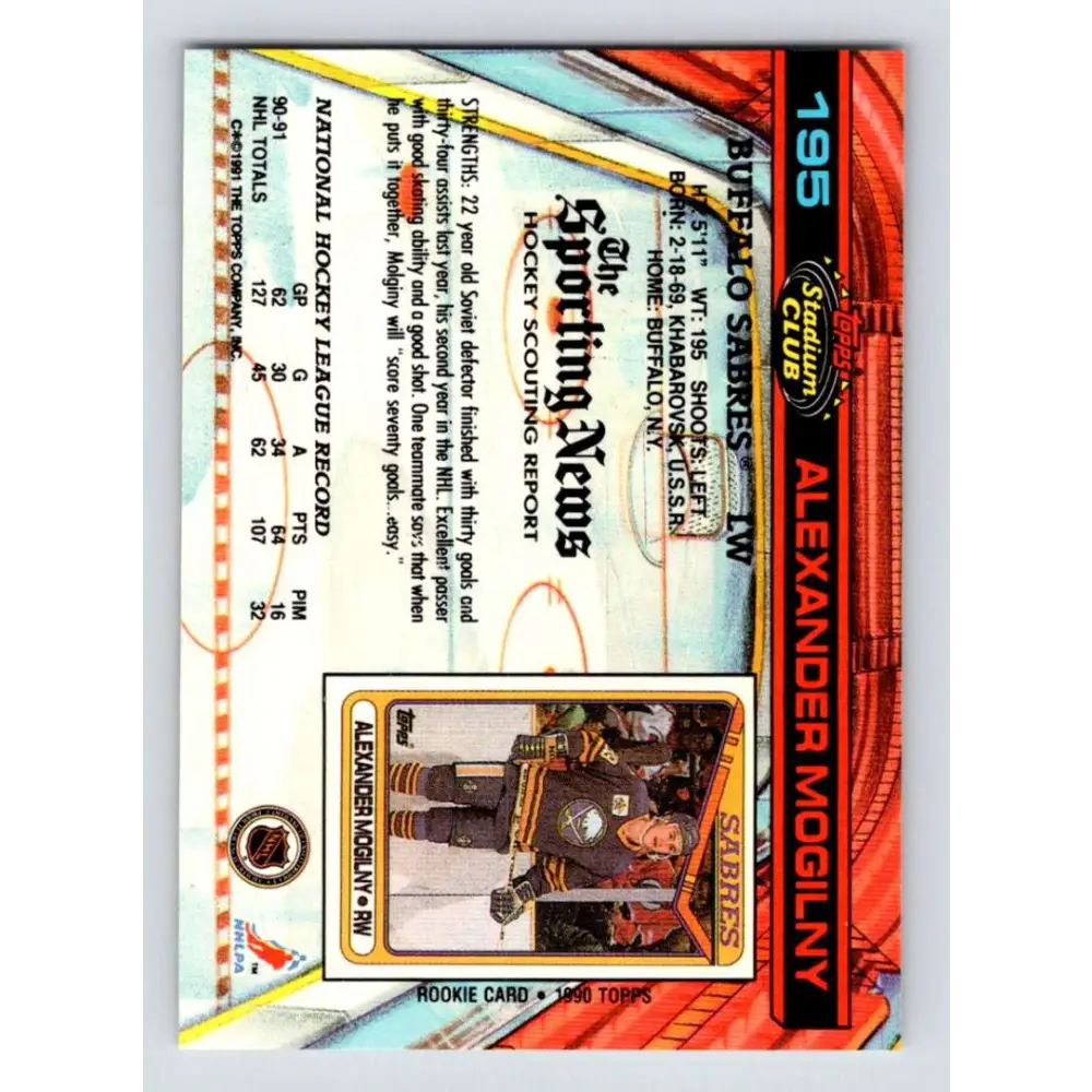 1991-92 Topps Stadium Club #195 Alexander Mogilny NM-MT Buffalo Sabres Hockey Card Image 2