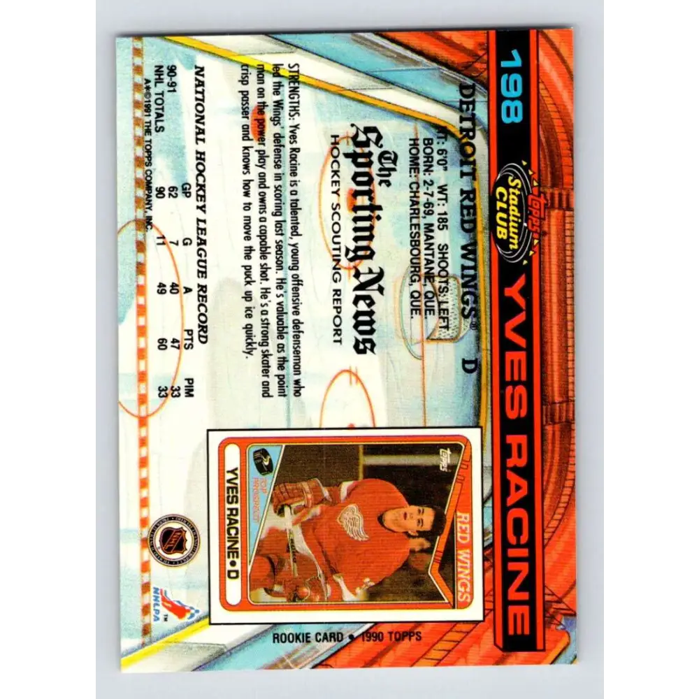 1991-92 Topps Stadium Club #198 Yves Racine NM-MT Detroit Red Wings Hockey Card Image 2