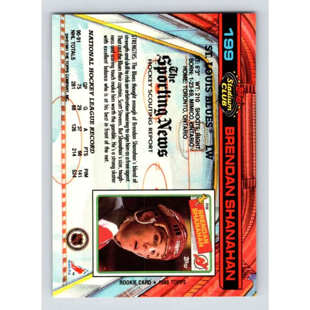 1991-92 Topps Stadium Club #199 Brendan Shanahan NM-MT St. Louis Blues Hockey Card Image 2