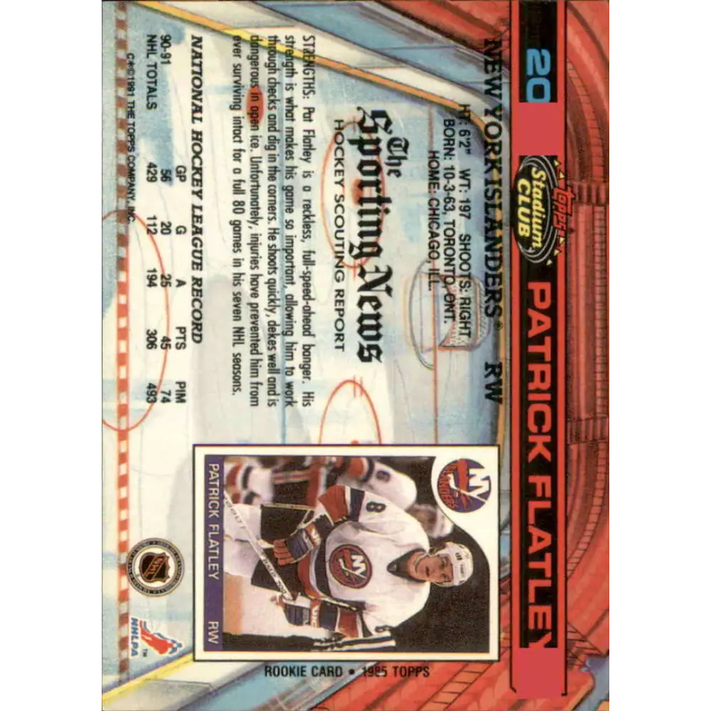 1991-92 Topps Stadium Club #20 Pat Flatley NM-MT New York Islanders Hockey Card Image 2