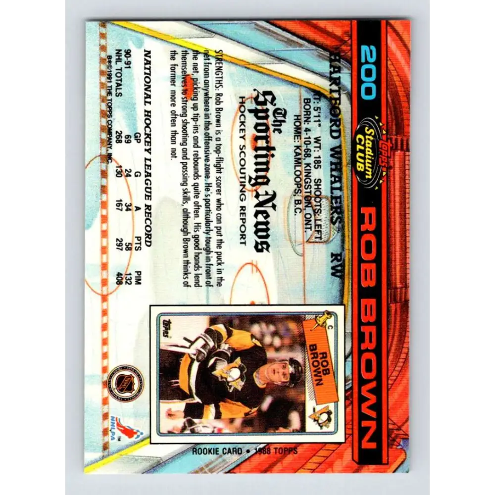 1991-92 Topps Stadium Club #200 Rob Brown NM-MT Hartford Whalers Hockey Card Image 2