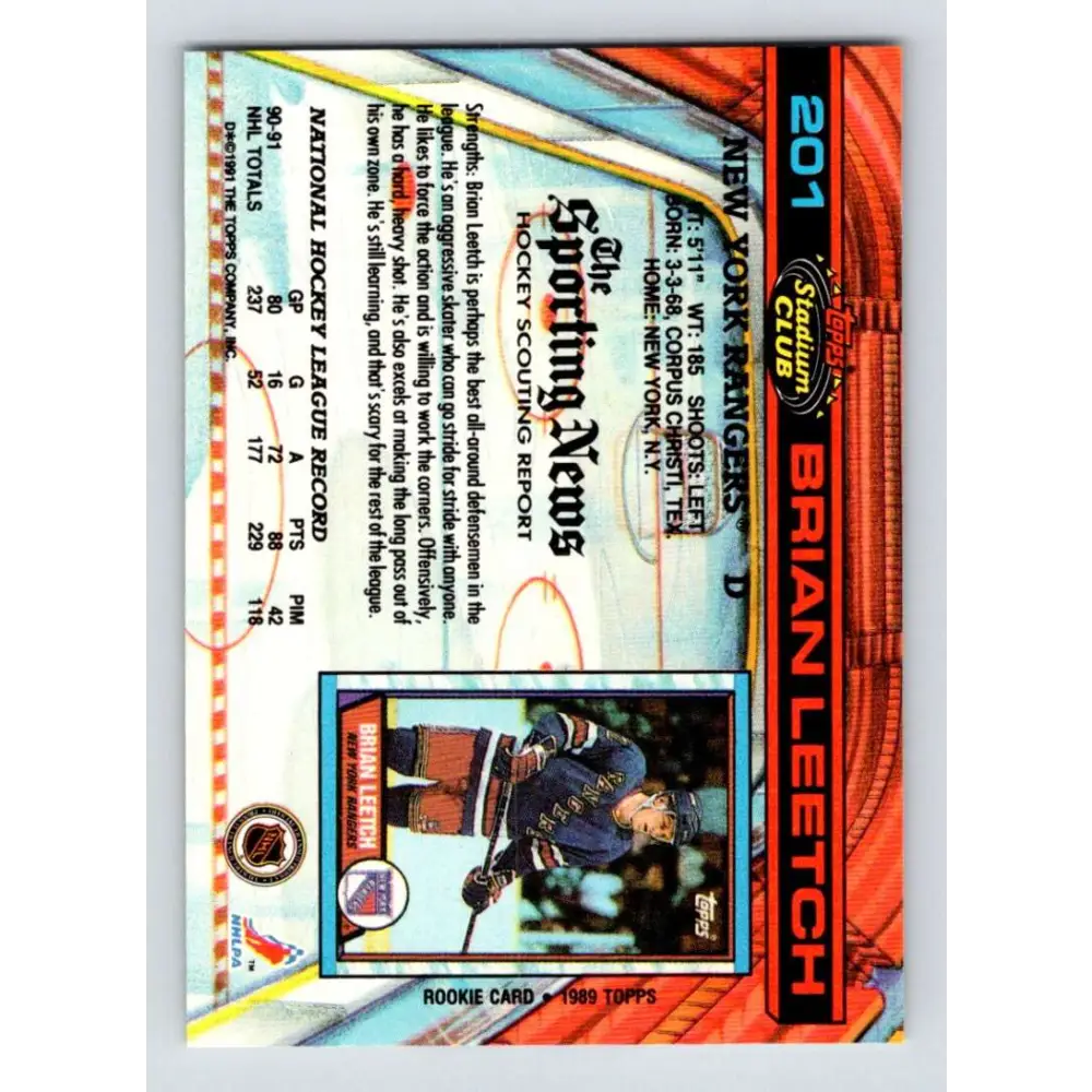 1991-92 Topps Stadium Club #201 Brian Leetch NM-MT New York Rangers Hockey Card Image 2