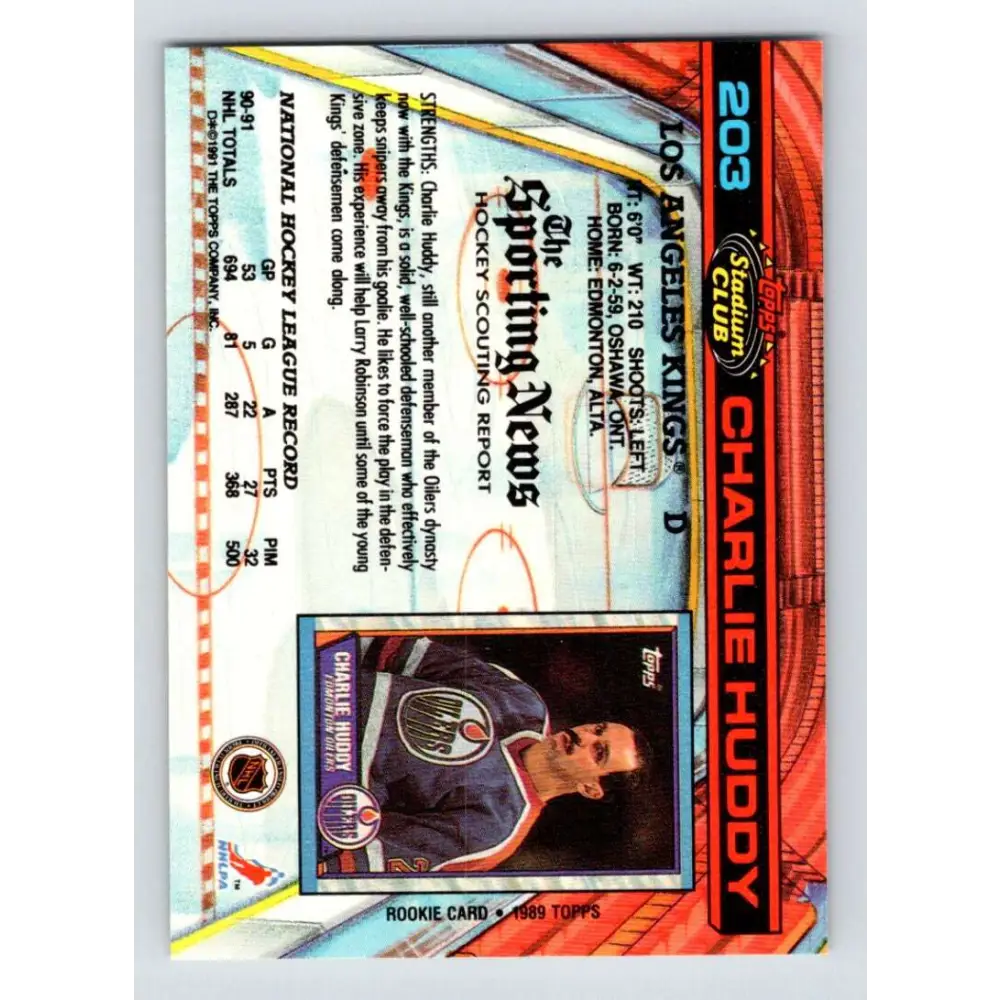 1991-92 Topps Stadium Club #203 Charlie Huddy NM-MT Los Angeles Kings Hockey Card Image 2