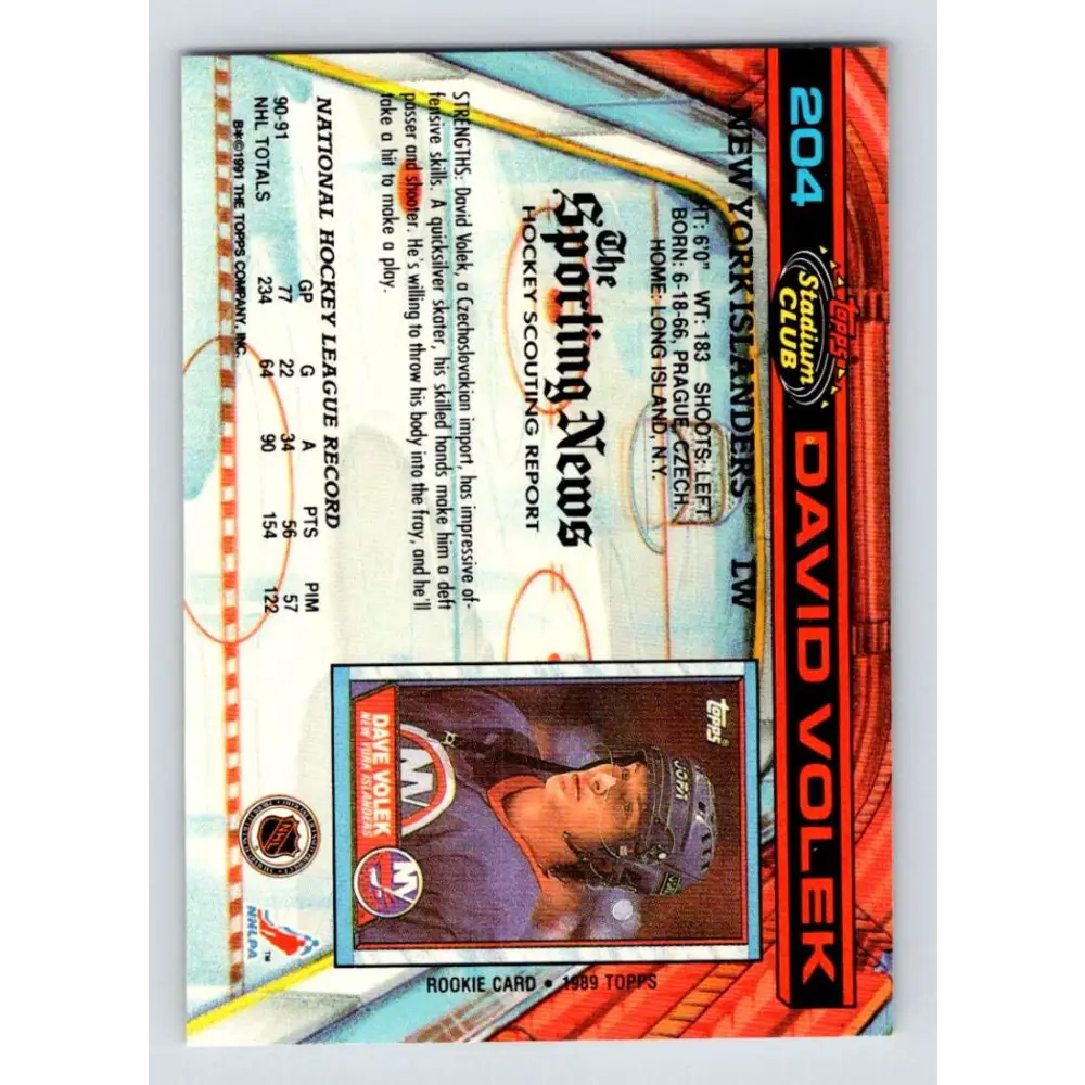 1991-92 Topps Stadium Club #204 David Volek NM-MT New York Islanders Hockey Card Image 2