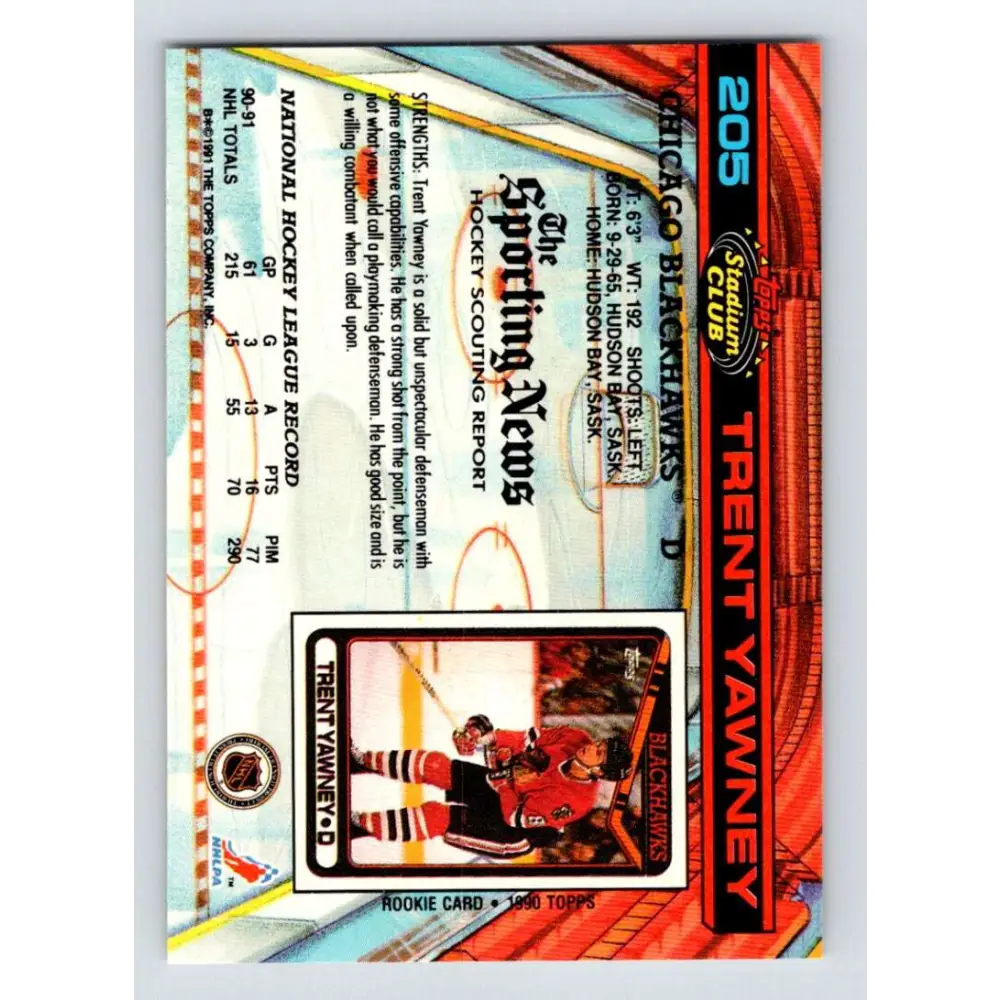 1991-92 Topps Stadium Club #205 Trent Yawney NM-MT Chicago Blackhawks Hockey Card Image 2