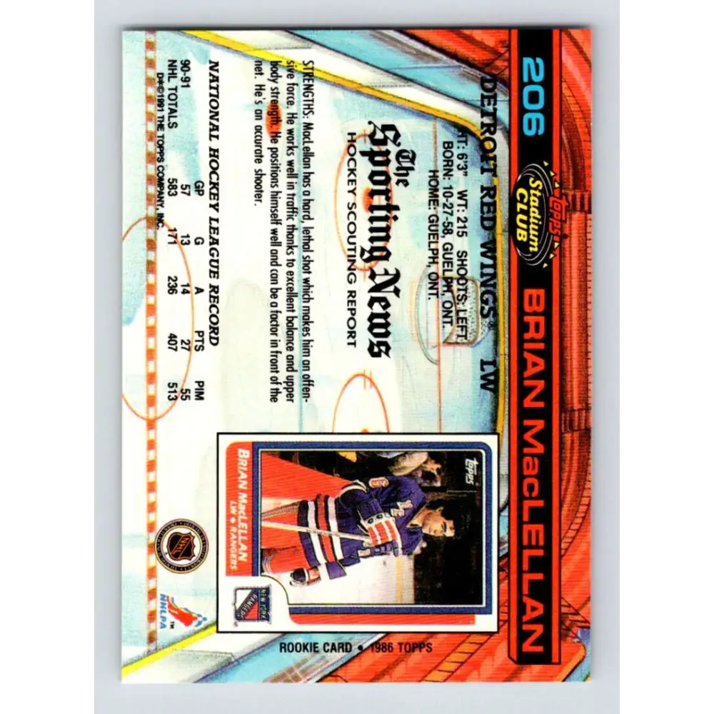 1991-92 Topps Stadium Club #206 Brian MacLellan NM-MT Detroit Red Wings Hockey Card Image 2