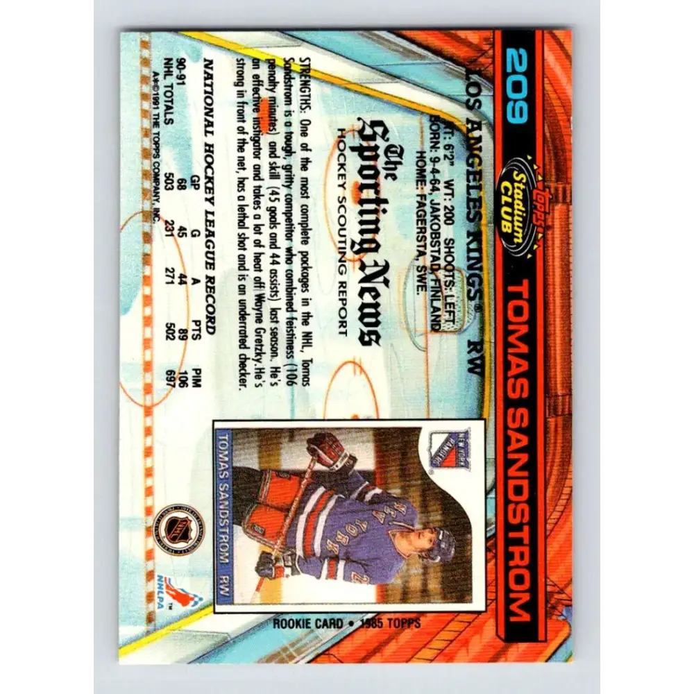 1991-92 Topps Stadium Club #209 Tomas Sandstrom NM-MT Los Angeles Kings Hockey Card Image 2